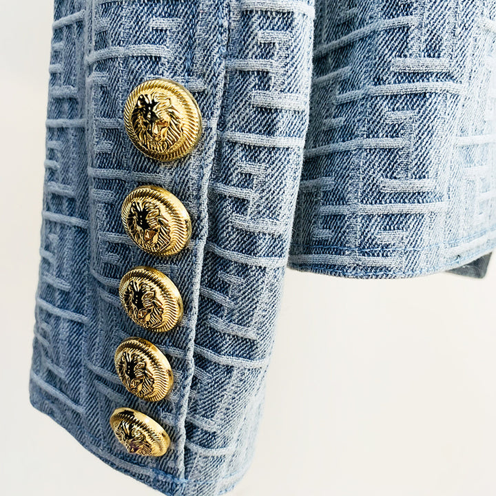 Denim Jacquard Double Breasted Gold Button Blazer