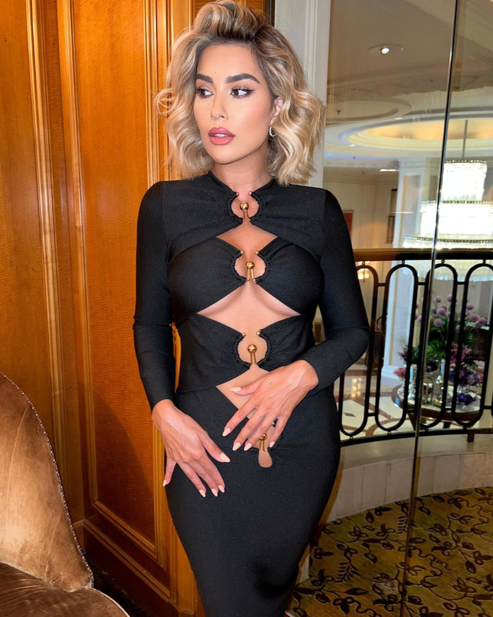 Black Long Sleeve Cut Out Metal Embellished Dress