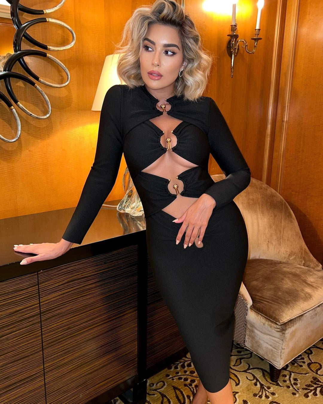Black Long Sleeve Cut Out Metal Embellished Dress
