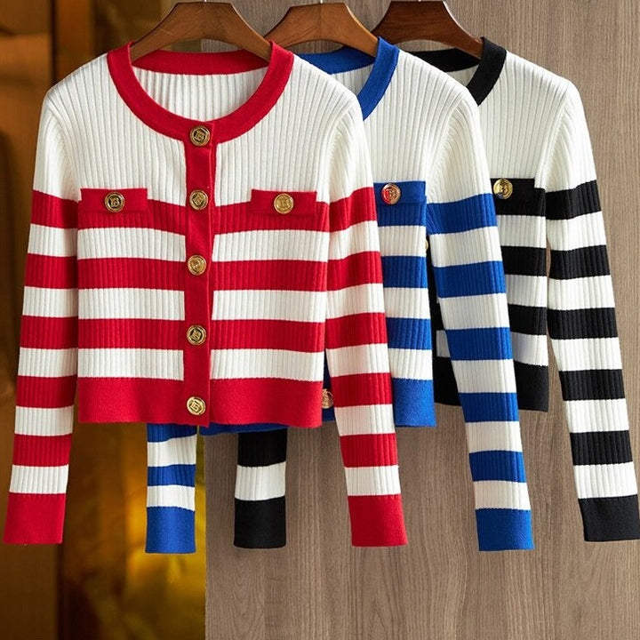 Striped Gold Button Cardigan Sweater
