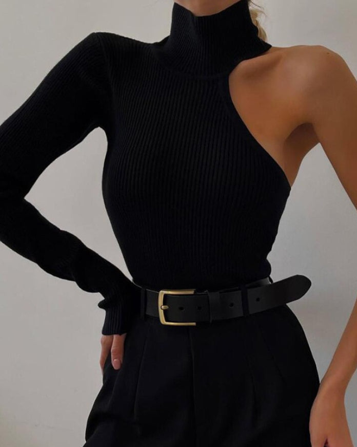Black One Shoulder Turtleneck Bodysuit