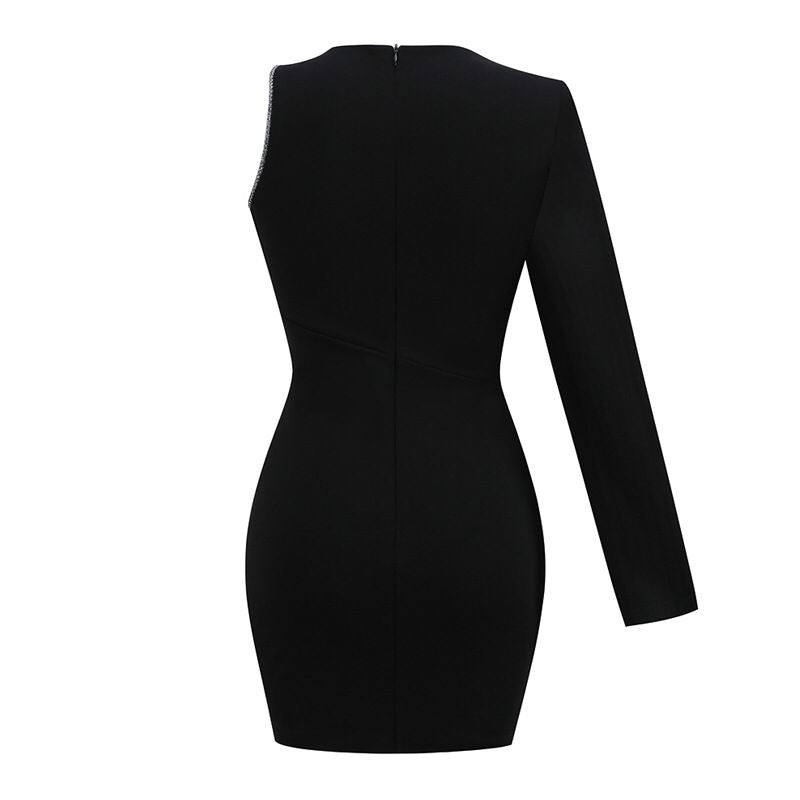Black One Shoulder Crystal Embellished Mini Dress