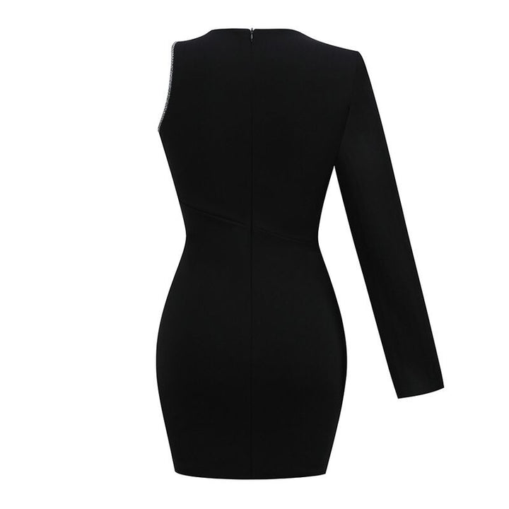 Black One Shoulder Crystal Embellished Mini Dress