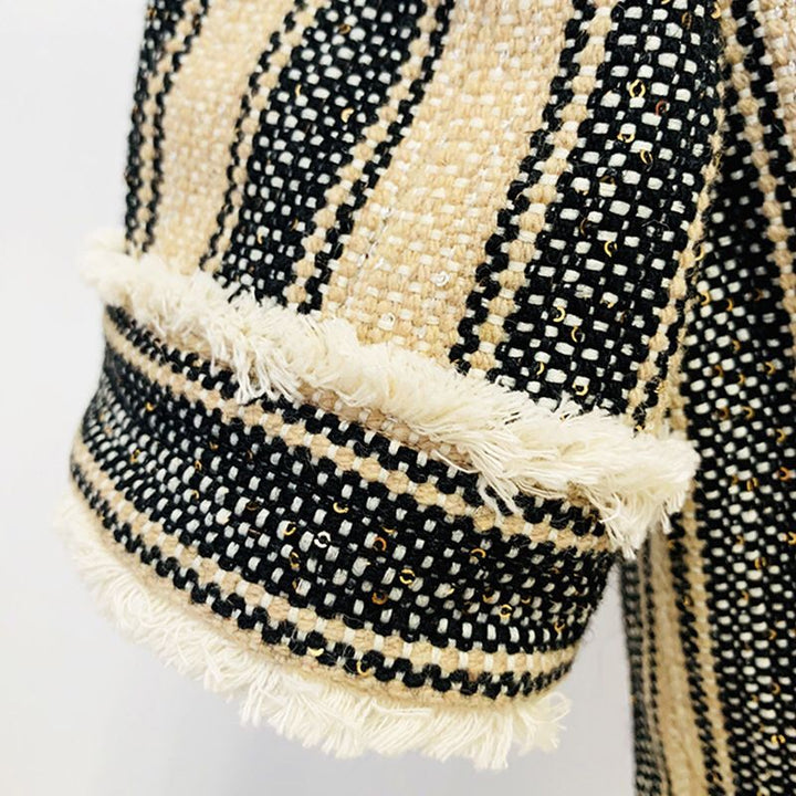 Tweed Short Sleeved Gold Button Striped Mini Dress