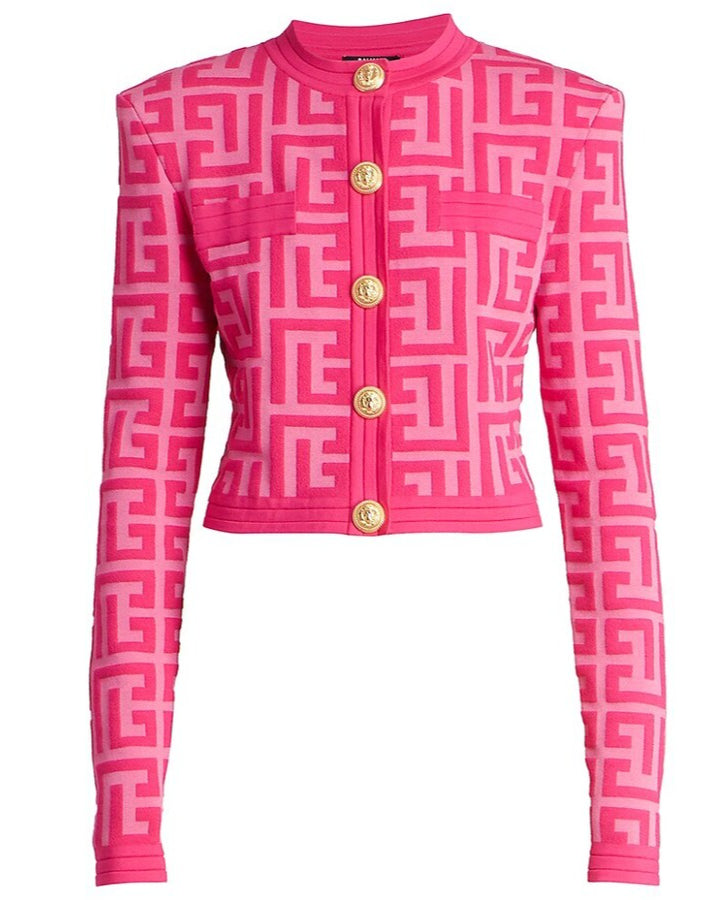 Pink Cropped Jacquard Gold Button Sweater