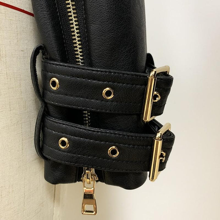 Black Leather Gold Button Biker Jacket
