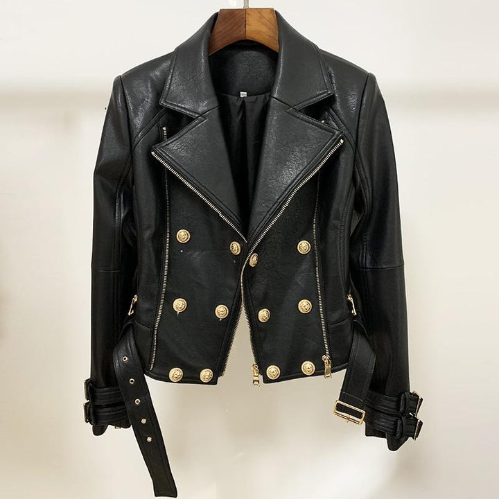 Black Leather Gold Button Biker Jacket