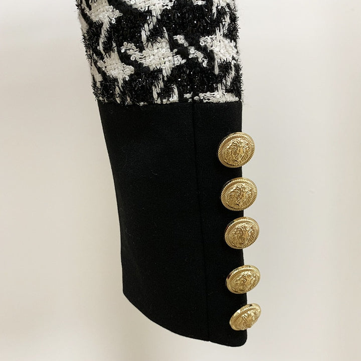 Tweed Black & White Gold Button Off The Shoulder Sweater