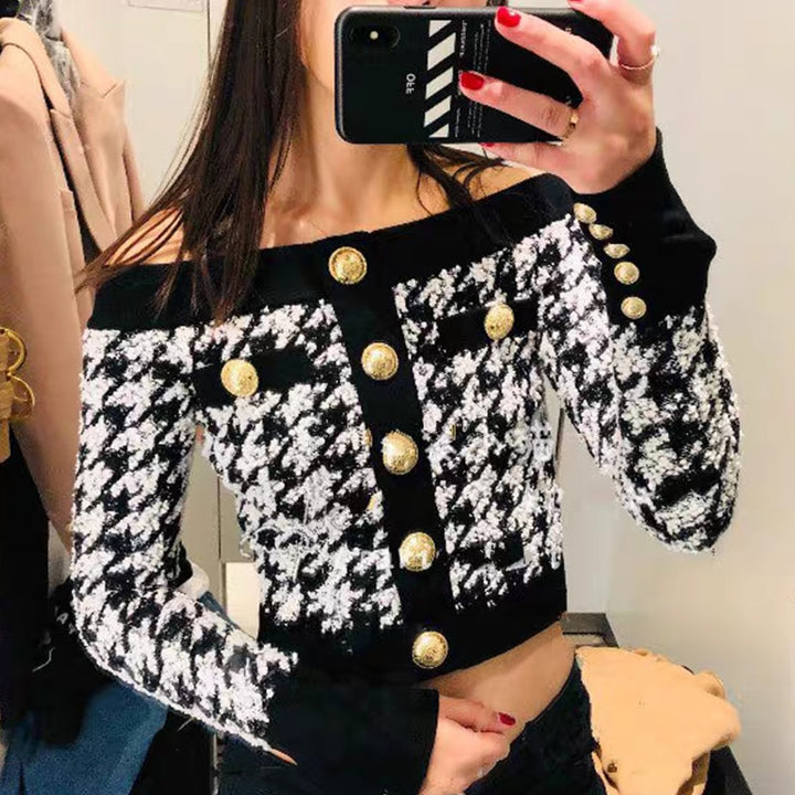 Tweed Black & White Gold Button Off The Shoulder Sweater