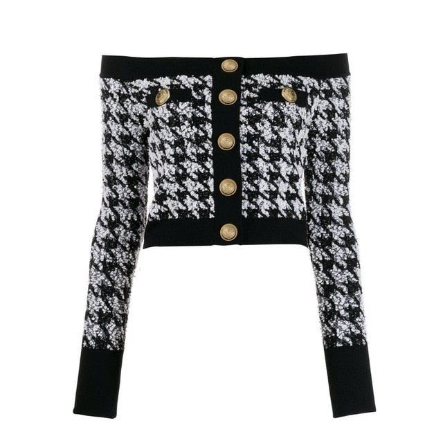 Tweed Black & White Gold Button Off The Shoulder Sweater