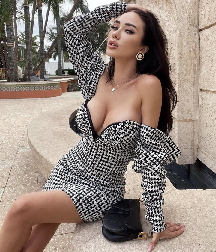 Vintage Houndstooth Off The Shoulder Dress