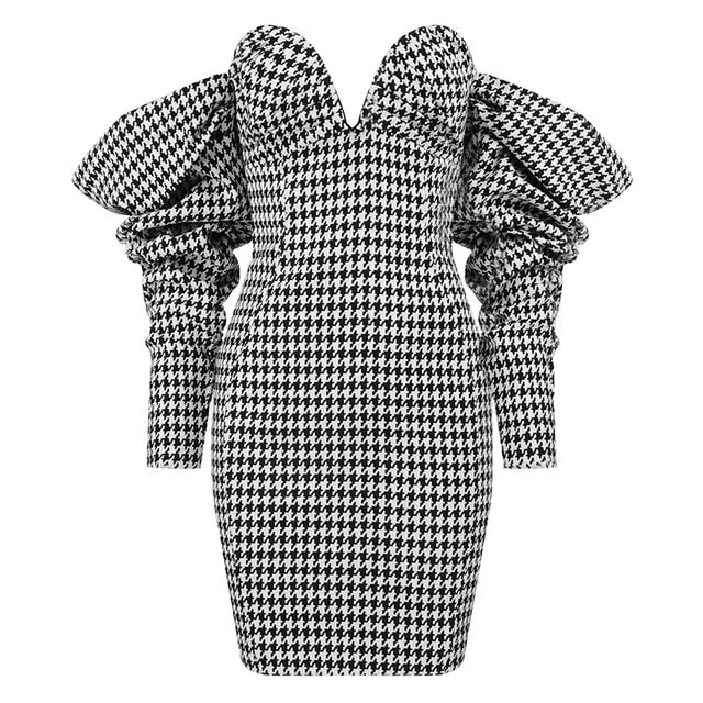 Vintage Houndstooth Off The Shoulder Dress