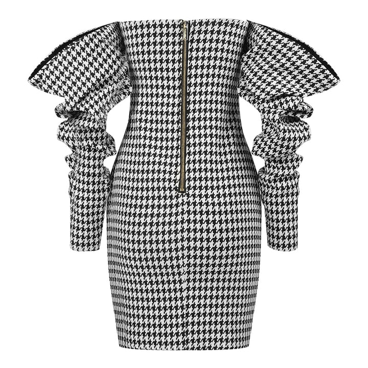 Vintage Houndstooth Off The Shoulder Dress