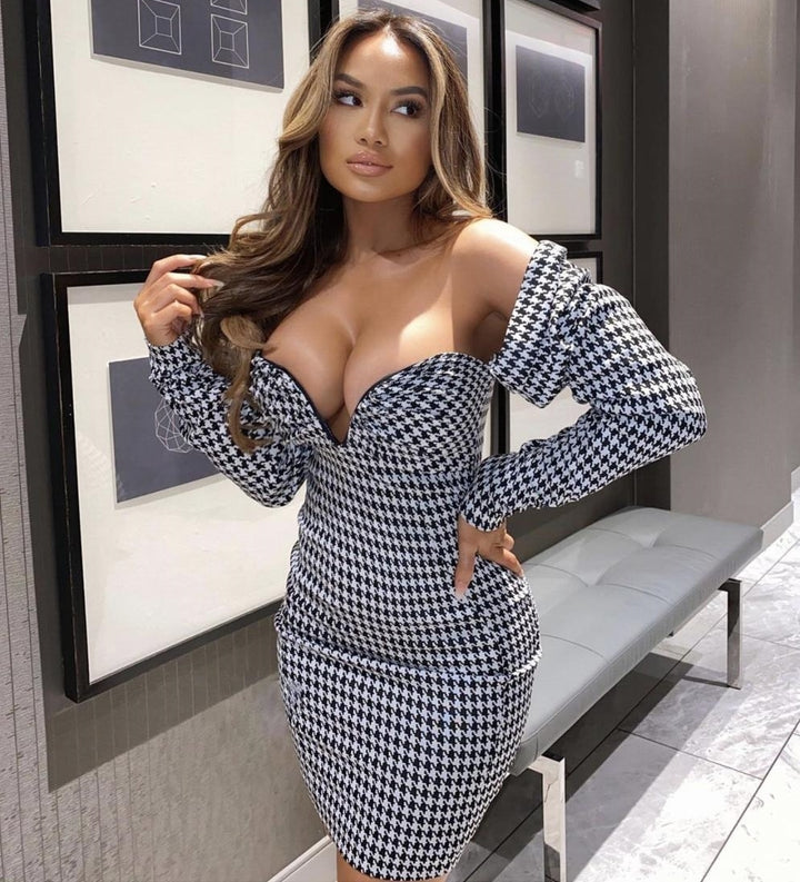 Vintage Houndstooth Off The Shoulder Dress