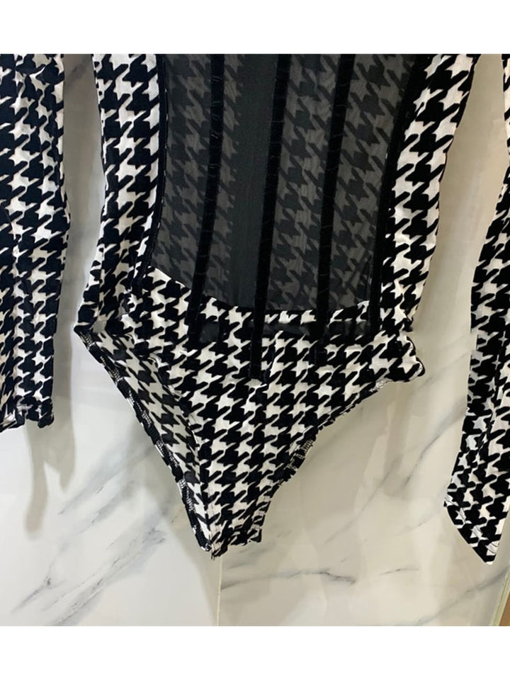 Runway Houndstooth Corset Bodysuit