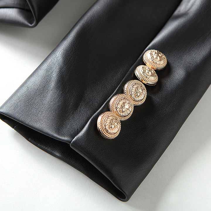 black leather gold button blazer