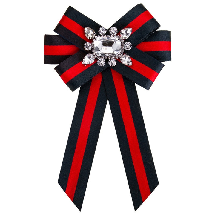 Red & Navy Striped Crystal Bow Brooch