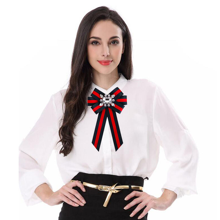 Red & Navy Striped Crystal Bow Brooch