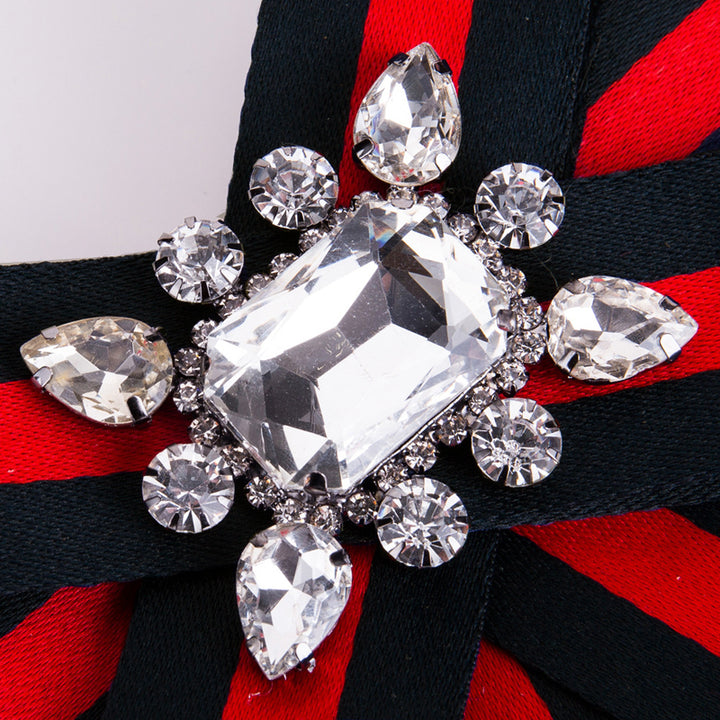Red & Navy Striped Crystal Bow Brooch