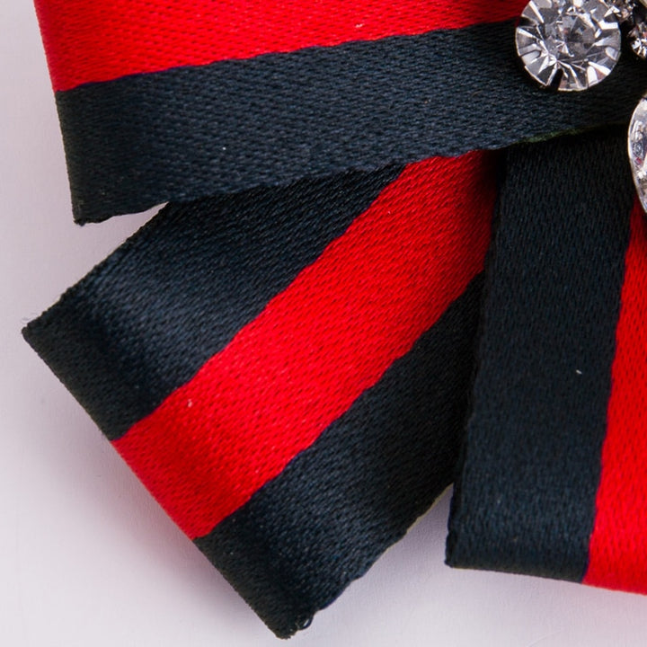 Red & Navy Striped Crystal Bow Brooch