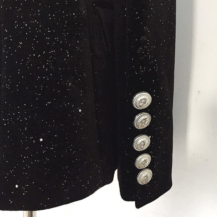 Black Velvet Sequin Silver Button Blazer