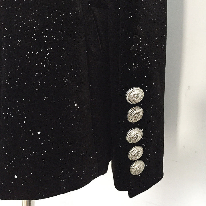 Black Velvet Sequin Silver Button Blazer