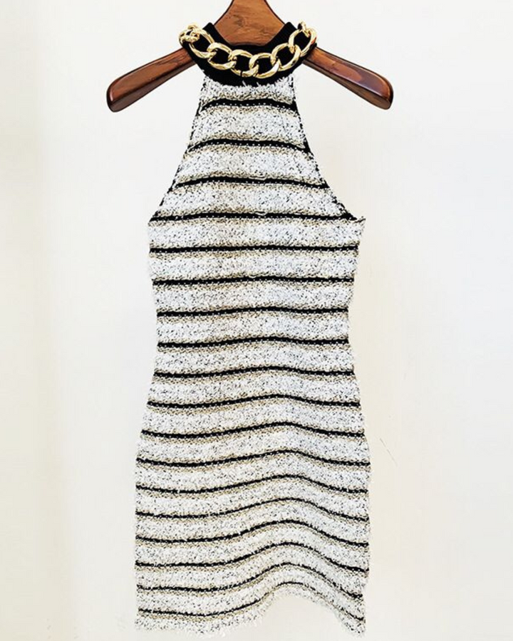 Gold Chain Sleeveless Knit Striped Dress