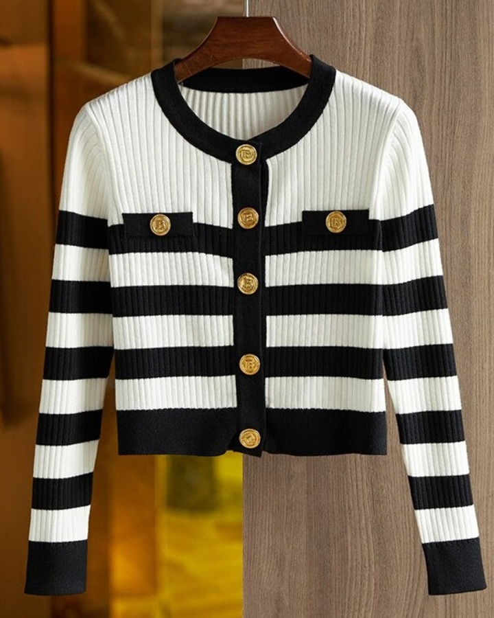 Striped Gold Button Cardigan Sweater
