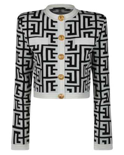 black and white jacquard gold button sweater