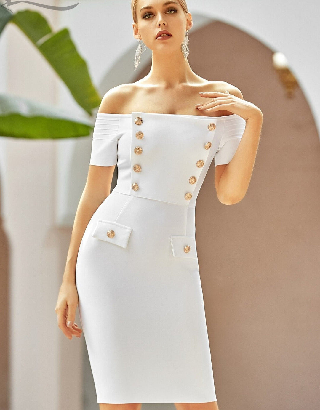 Off The Shoulder Gold Button Bandage Dress