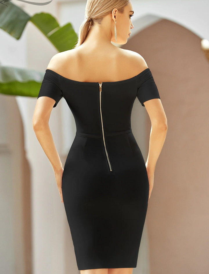 Off The Shoulder Gold Button Bandage Dress