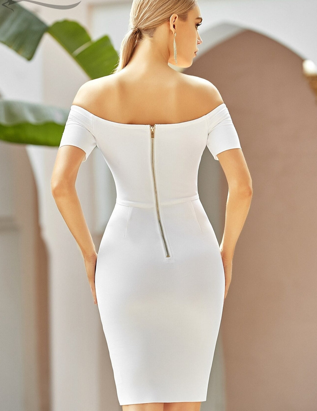 Off The Shoulder Gold Button Bandage Dress
