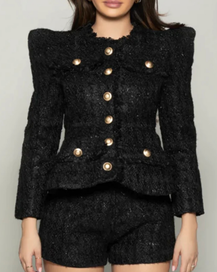 2-Piece Gold Button Tweed Jacket & Skirt Set