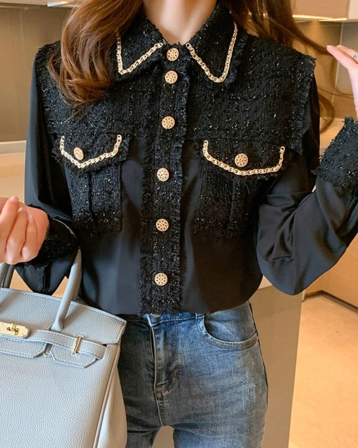 Tweed Silk Chain Gold Button Blouse
