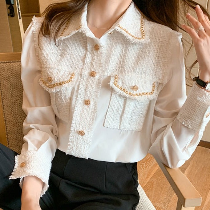 Tweed Silk Chain Gold Button Blouse