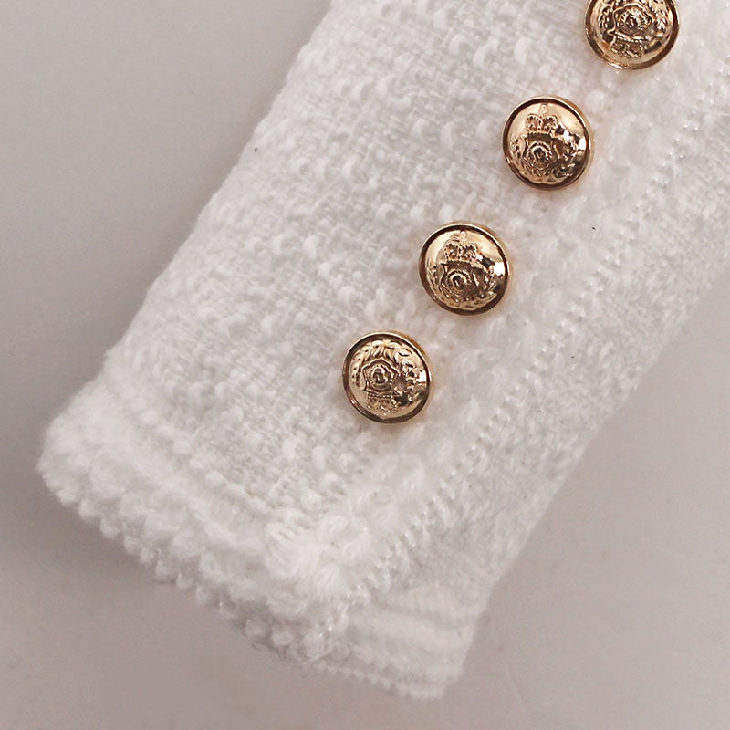 white tweed gold button jacket