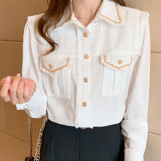 Tweed Silk Chain Gold Button Blouse
