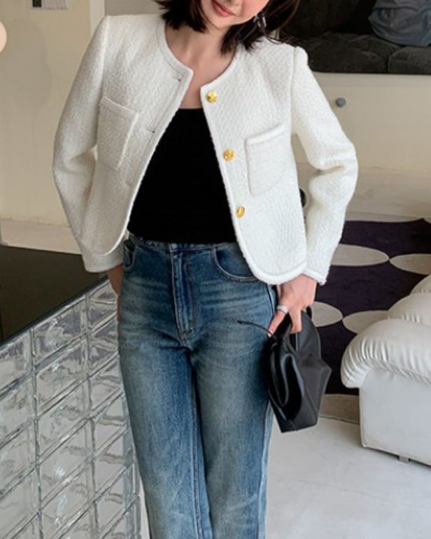 white gold button tweed jacket