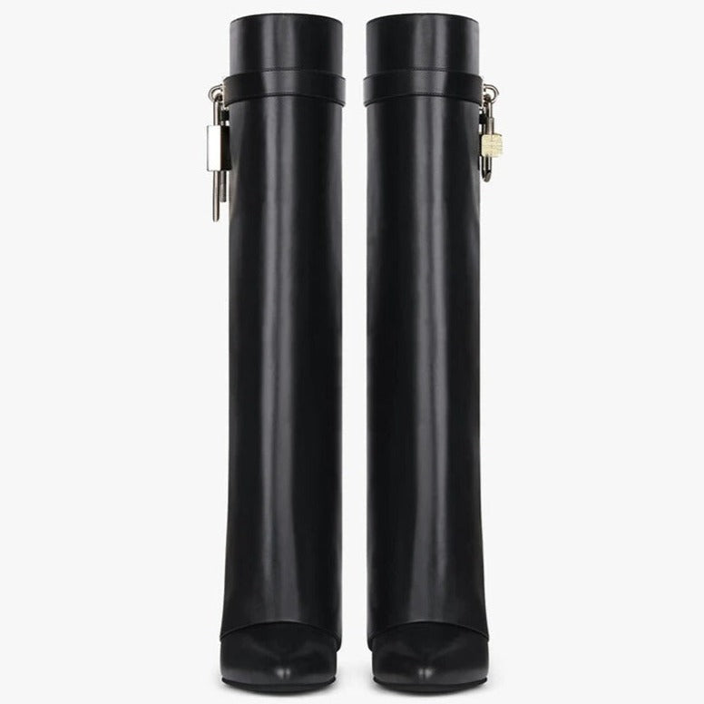 Black Leather Shark Lock Boots