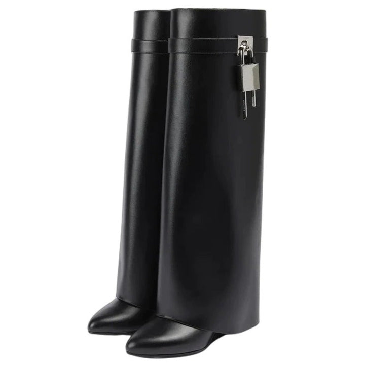 Black Leather Shark Lock Boots