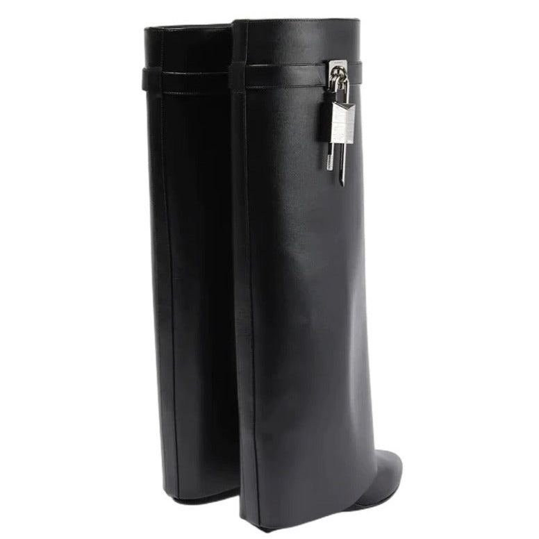 Black Leather Shark Lock Boots
