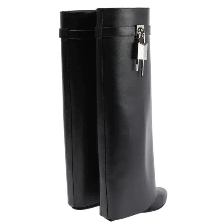 Black Leather Shark Lock Boots