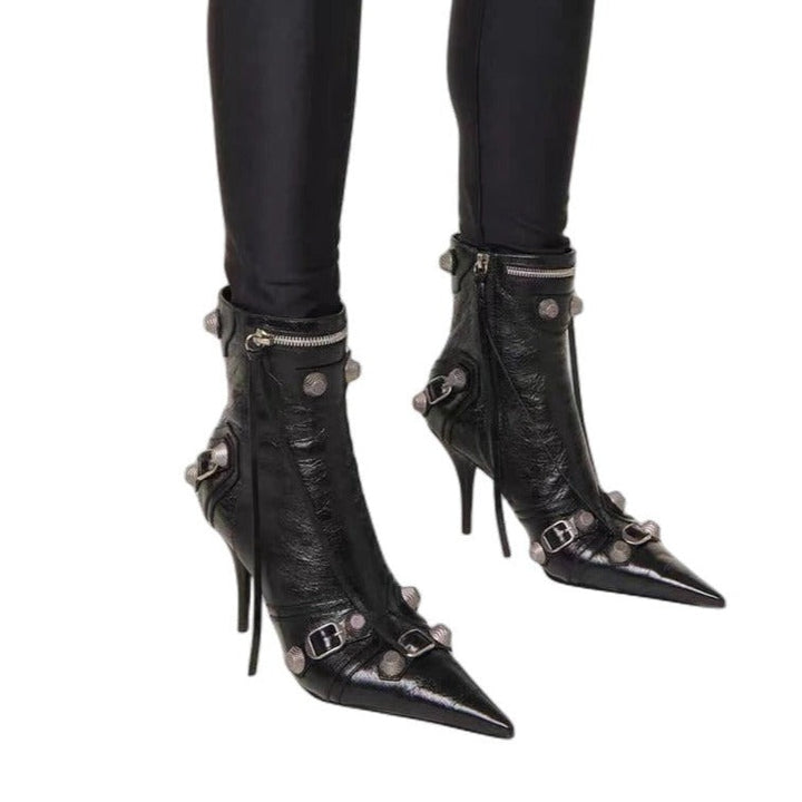 Black Leather Pointed Toe Metal Embellished Ankle Boots