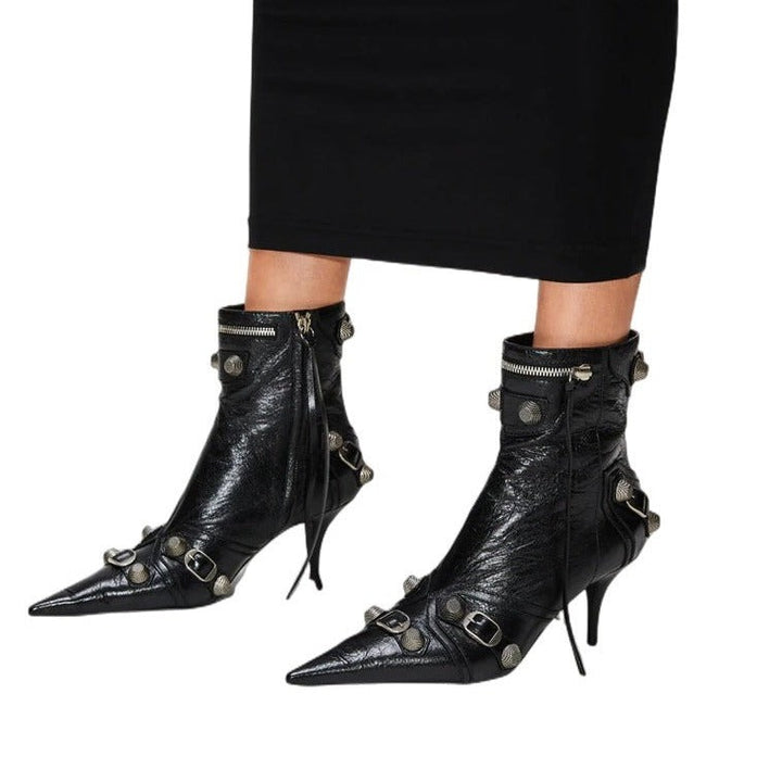 Black Leather Pointed Toe Metal Embellished Ankle Boots
